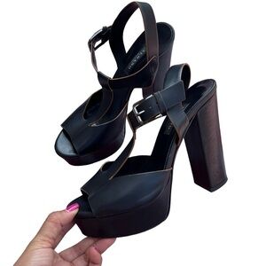 Albano Made in Italy Womens Black Leather Platfirm Heels T Strap Open Toe sz 38